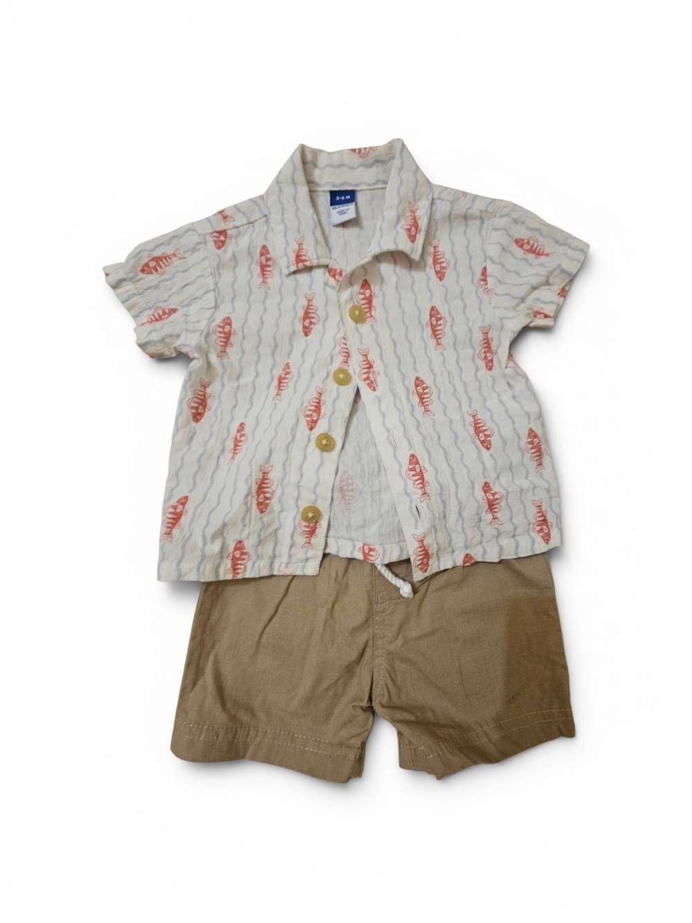 Baby Two-Piece Set - Cream & Brown Shirt with Fish Print